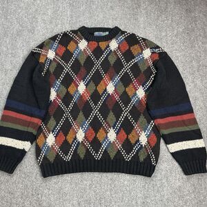 Vintage Etchings Sweater Mens Size Large Ramie Cotton Multi Color Argyle
